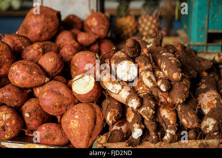 Vegetable market with a pile of Sweet potatoes, yams and similar edible roots Stock Photo