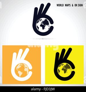 Creative hand and world map abstract logo design.Hand Ok symbol icon.Corporate business creative logotype symbol. Stock Vector