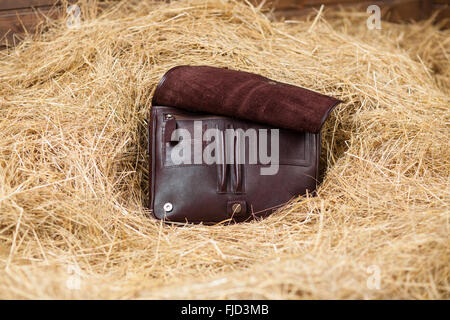 leather bag in the hay Stock Photo