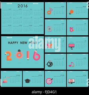 Desk Calendar 2016 Vector Design Template.Set of 12 Months.Week Starts Sunday.Education and business concept. Stock Vector