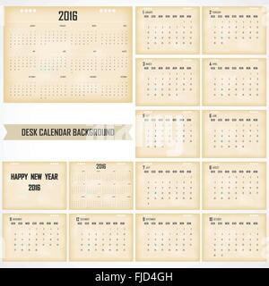 Desk Calendar 2016 Vector Design Template. Set of 12 Months. Week Starts Sunday Stock Vector