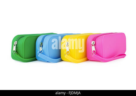 Assorted colorful pencil cases isolated on white background with shadow Stock Photo