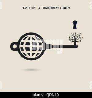 Globe key symbol with the dead tree sign.Natural disasters and environment concept. Flat design vector illustration Stock Vector