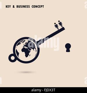Two businessman with world key symbol. Global business solution concept. Flat design vector illustration Stock Vector