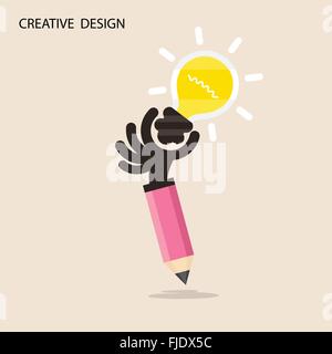 Creative bulb light idea and pencil hand icon,flat design.Concept of ideas inspiration, innovation, invention Stock Vector