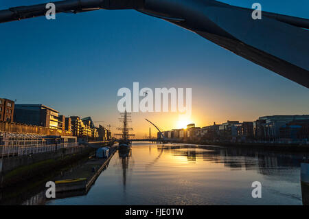 Samuel Beckett Bridge over River Liffey, Docklands area at dawn, Dublin, Ireland