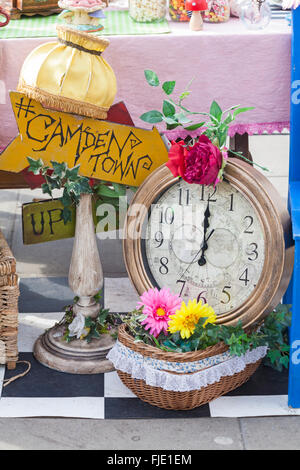 Clock and lamp with Camden Town sign on stall at Camden, London Stock Photo