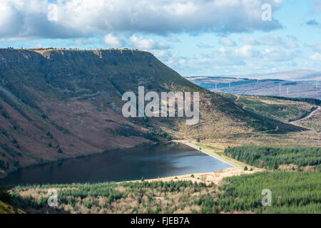 Craig y Llyn Glacial Lake Rhigos, popular view of north facing lake below steep escarpment south Wales below Craig y Llyn Hill Stock Photo