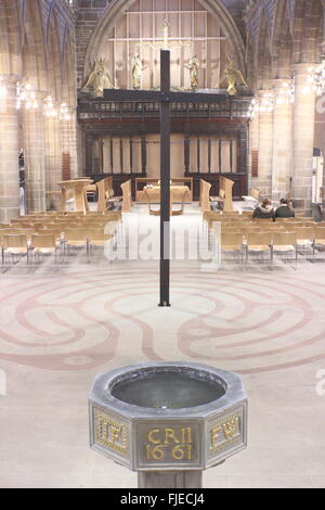 Inside Wakefield Cathedral looking to the font and floor labyrinth, City of Wakefield, West Yorkshire England UK Stock Photo