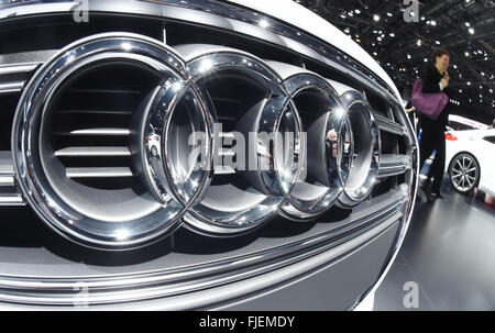 Geneva, Switzerland. 02nd Mar, 2016. An Audi logo is seen at the Geneva International Motor Show during the second press day in Geneva, Switzerland, 02 March 2016. The Show will be open to the public from 03 until 13 March 2016. Photo: ULI DECK/dpa/Alamy Live News Stock Photo