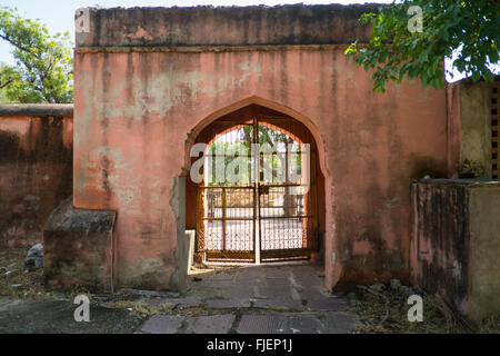 View of one of the wall gates at the Mughal gate at the Jain temple Shri Parshvanath Digambar Jain Nasiyan in Viratnagar, in Raj Stock Photo