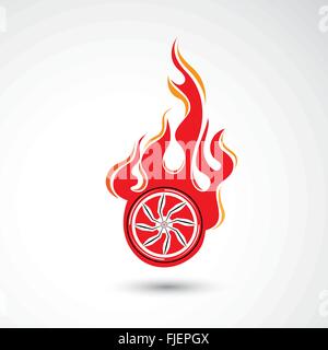 Wheel in Fire flame Logo design vector template. Car Logotype. Concept icon for race, auto repair service, tire shop. Vector ill Stock Vector