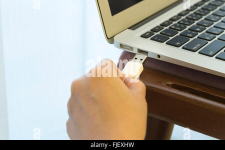 Women plug external devices to the laptop with her. Stock Photo