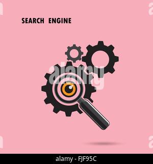 Magnifying optical glass with Gears icon on background. Search engine concept. Logo template design. Vector illustration. Stock Vector