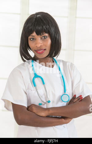 Female African American doctor or nurse smiling