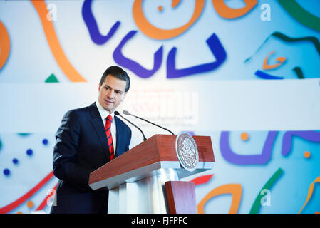 Mexico City, Mexico. 02nd Mar, 2016. Mexican President Enrique Pena Nieto addresses the the 34th FAO Regional Conference for Latin America and the Caribbean March 2, 2016 in Mexico City, Mexico. The regional conference is held by the United Nations Food and Agriculture Organization for regional food development and safety. Stock Photo