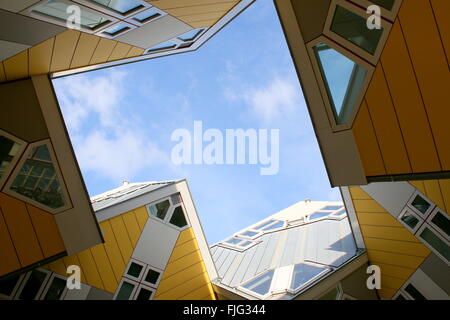 Looking up at 1970s Cube Houses (Kubuswoningen) in Rotterdam, Blaak, The Netherlands, designed by Dutch architect  Piet Blom Stock Photo