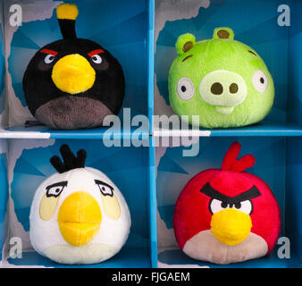 Tambov, Russian Federation - February 28, 2016 Angry Birds collectible plush toys 4 pack in paper boxes. Stock Photo