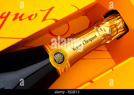 Tambov, Russian Federation - August 16, 2015 Bottle of Champagne Veuve Clicquot Brut in gift box. Studio shot. Stock Photo