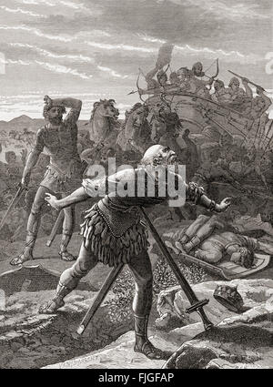 The death of Saul, who fell on his sword to avoid capture at the battle against the Philistines at Mount Gilboa, from The Book of Samuel, Old Testament. Stock Photo