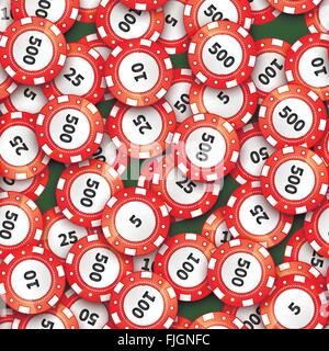 Red casino chips on green cloth, seamless pattern Stock Vector
