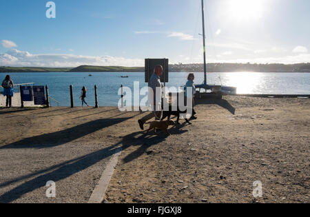 Couple walking along the dinghy park with their dogs at Rock, Cornwall, UK. Stock Photo