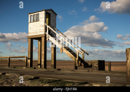 Staircase leading up to a Shelter on Causeway to Holy Island, Northumberland, England, UK, GB, Europe. Stock Photo