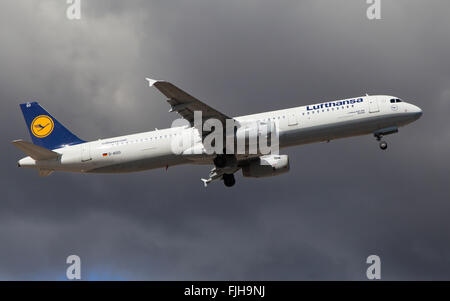 A Lufthansa Airbus A321-200 taking off from El Prat Airport in Barcelona, Spain. Stock Photo