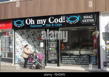 Traditional British Fish and Chip shop, oh my cod, Letchworth Garden City, Hertfordshire, UK Stock Photo