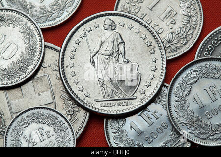 Coins of Switzerland. Standing Helvetia depicted in the Swiss two franc coin. Stock Photo