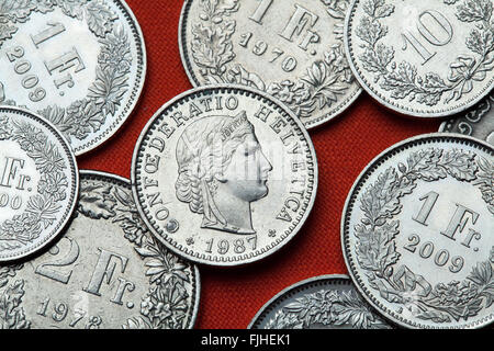 Coins of Switzerland. Libertas head depicted in the Swiss 20 rappen coin. Stock Photo