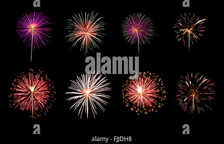 A variety of colorful fireworks isolated on black background Stock Photo