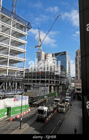 View above London Wall Place construction development site and street traffic looking towards Moorgate London UK    KATHY DEWITT Stock Photo