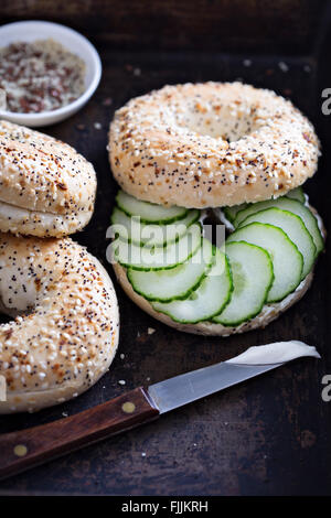 Everything bagels with cream cheese and cucumber Stock Photo