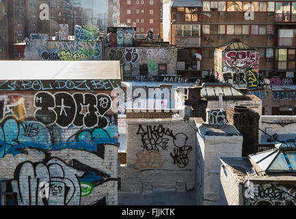 Graffiti covered rooftops of apartment buildings and housing in Chinatown, New York City. Stock Photo