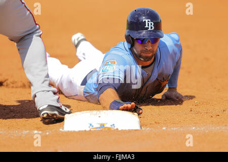 Port Charlotte, Florida, USA. 2nd Mar, 2016. WILL VRAGOVIC | Times.Tampa Bay Rays center fielder Kevin Kiermaier (39) dives for first, checked on by Washington Nationals starting pitcher Max Scherzer (31) in the third inning during the exhibition opener between the Tampa Bay Rays and the Washington Nationals at Charlotte Sports Park in Port Charlotte, Fla. on Wednesday, March 2, 2016. © Will Vragovic/Tampa Bay Times/ZUMA Wire/Alamy Live News Stock Photo