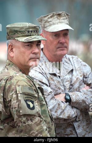 U.S Joint Chiefs Chairman General Joseph Dunford and outgoing Resolute Support Commander Gen. John Campbell during the change of command ceremony March 2, 2016 in Kabul, Afghanistan. Dunford is in Afghanistan for the change of command of U.S. Forces. Stock Photo