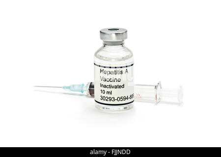 Hepatitis A vaccine vial with syringe. Labels are fictitious and created by photographer. Stock Photo