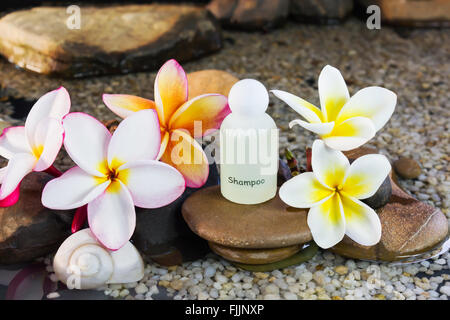 Mini set of bubble bath and shower gel decorated in zen style with pebble rock and flower with relaxing mood with copy space Stock Photo