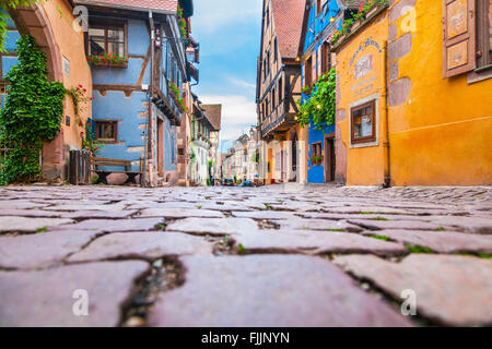 Typical street view in Riquewihr, Alsace, Haut-Rhin, France, Europe Stock Photo