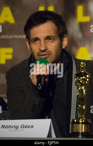 Budapest, Hungary. 2nd Mar, 2016. Hungarian actor Geza Rohrig attends a press conference in Budapest, Hungary, March 2, 2016. Hungarian film 'Son of Saul' directed by Laszlo Nemes Jeles won the Oscar Award for Best Foreign Language Film at the 88th Academy Awards Ceremony. © Attila Volgyi/Xinhua/Alamy Live News Stock Photo