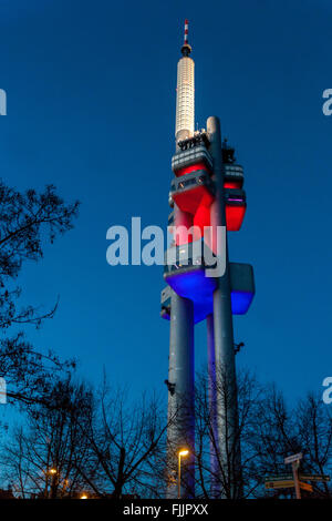 Prague Zizkov TV Tower, night illumination and Crawling Babies by David Cerny, Prague, Czech Republic Stock Photo
