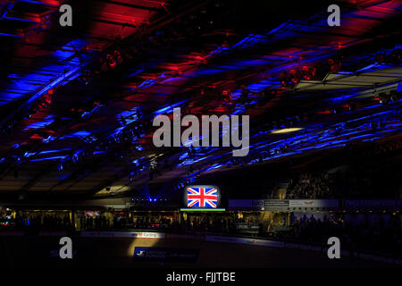 London, UK, 2 March 2016. UCI 2016 Track Cycling World Championships. The opening ceremony included a light-show for each of the 45 nations taking part. Credit:  Clive Jones/Alamy Live News Stock Photo