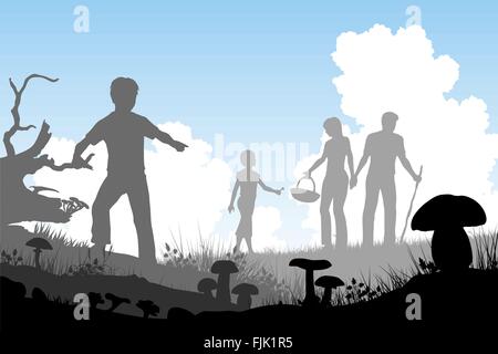 EPS8 editable vector cutout illustration of a family hunting for edible mushrooms with people and fungi as separate objects Stock Vector