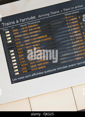 Schedule of arriving trains at the Gare de Lyon, Paris, France Stock Photo
