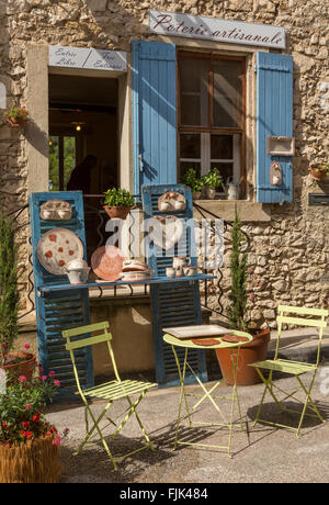 Merchandise for sale outside traditional pottery handicraft shop, Gigondas, Vaucluse, Provence, France Stock Photo