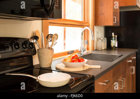 Electric stove, wood cabinets, laminate countertop and stainless steel sink in contemporary home kitchen interior. Fresh vegetables ready for cooking. Stock Photo