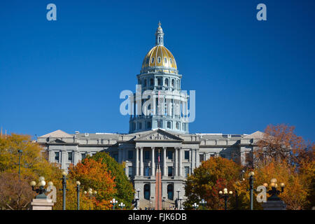 Colorado State Capitol Building with Colorful Fall Leaves Stock Photo