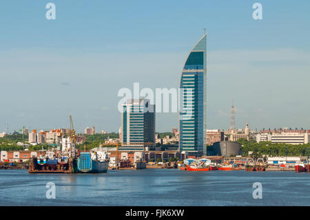 Montevideo cityscape from port district. Telecommunications Tower or Antel Tower. Stock Photo