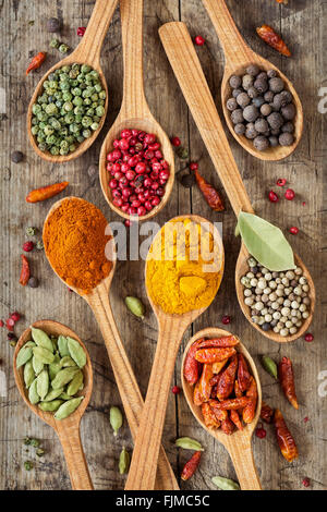 Colorful spices in wooden spoons Stock Photo